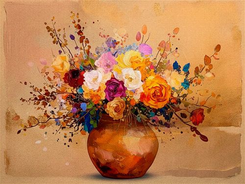BoHo-chic Schilderij van Boeket bloemen in  vaas