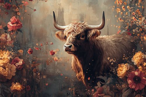 Scottish Highlander in Lush Flower Garden Timeless Splendour