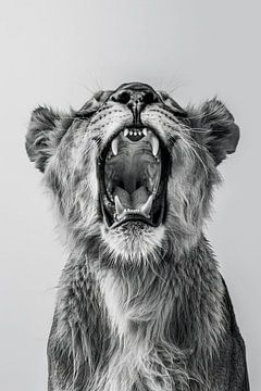 Vermoeide geeuwende leeuw in zwart-wit van Felix Brönnimann