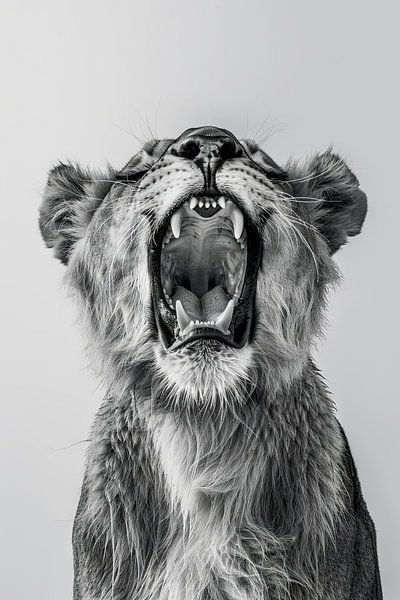 Tired yawning lion in black and white by Poster Art Shop