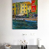 Klantfoto: Lazise vissershaven | Gardameer Italie | Aquarel schilderij van WatercolorWall, als artframe