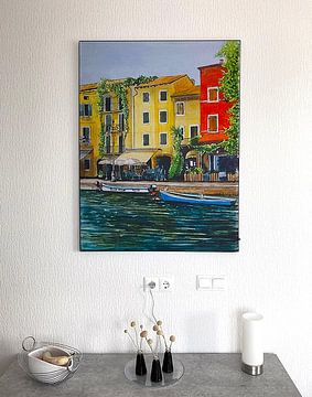 Klantfoto: Lazise vissershaven | Gardameer Italie | Aquarel schilderij van WatercolorWall