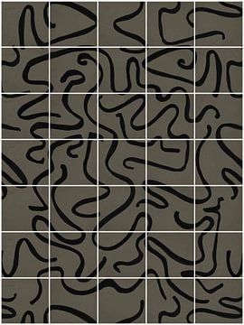 Moderne und abstrakte Linien auf einem Kachelmuster, khaki - schwarz von Mijke Konijn