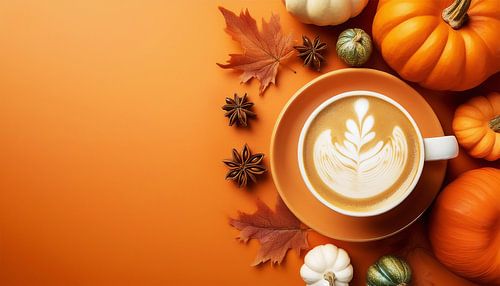 Kürbisse und Cappuccino mit oranger Farbe für den Herbst