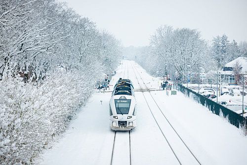 Een Arriva trein in het besneeuwde landschap bij Buitenpost