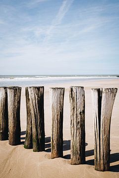 Foto van houten palen op het strand van Schoorl | zonnige kust in Nederland van Evelien Lodewijks