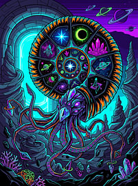 Grafische Darstellung eines Portals aus Buntglas mit kosmischem Nautilus-Ammonit-Motiv von The Deeper Way