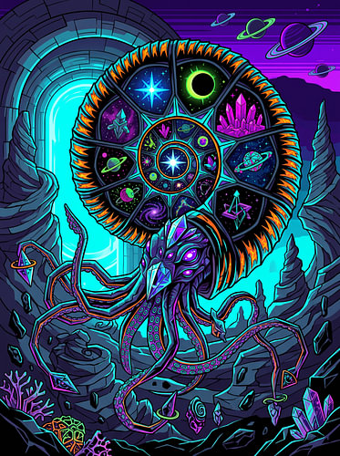 Grafische illustratie van een portaal met gekleurd glas, met kosmische nautilus- en ammonietmotieven