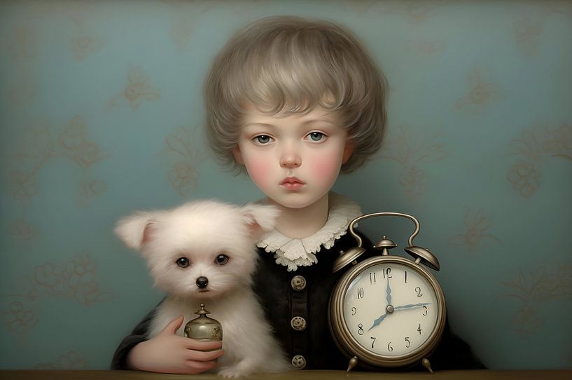 Boy with his little dog and an alarm clock. by Heike Hultsch