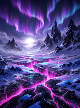 Cosmic Aurora Borealis Glowing Ice Fissure Mountain Fantasy Landscape Illustration