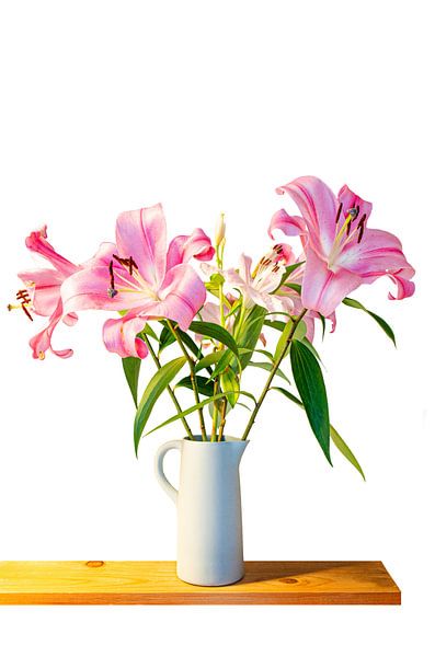 Pink Lilies in a pouring jug on a floating wooden board by RB-Photography