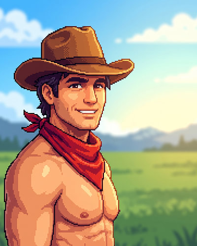 Pixel-Art-Cowboy mit rotem Schal unter einem strahlenden Westernhimmel