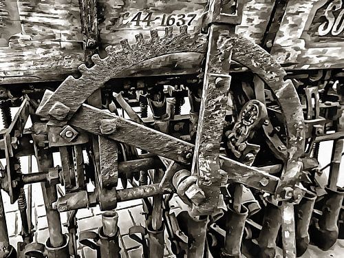 Ancienne machine de labourage en noir et blanc