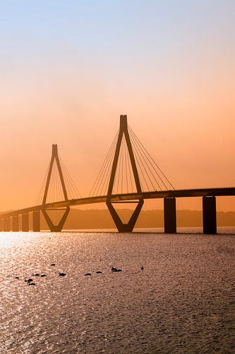 faro-brücke im sonnenuntergangslicht, die autobahnbrücke über den Storstroem in dänemark verbindet d