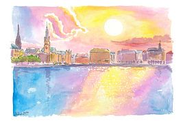 Hamburg Alster Skyline Panorama bei Sonnenuntergang