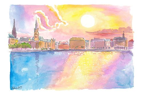 Panorama de la ligne d'horizon de l'Alster à Hambourg au coucher du soleil