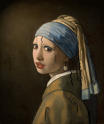 Meisje met de Parel en Krullend Haar – Moderne Vermeer Kunst | Digitaal Vrouwenportret