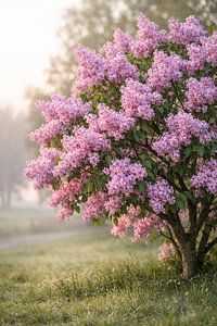 Fliederstrauch im Morgenlicht- zarte rosa Blüten im Frühling