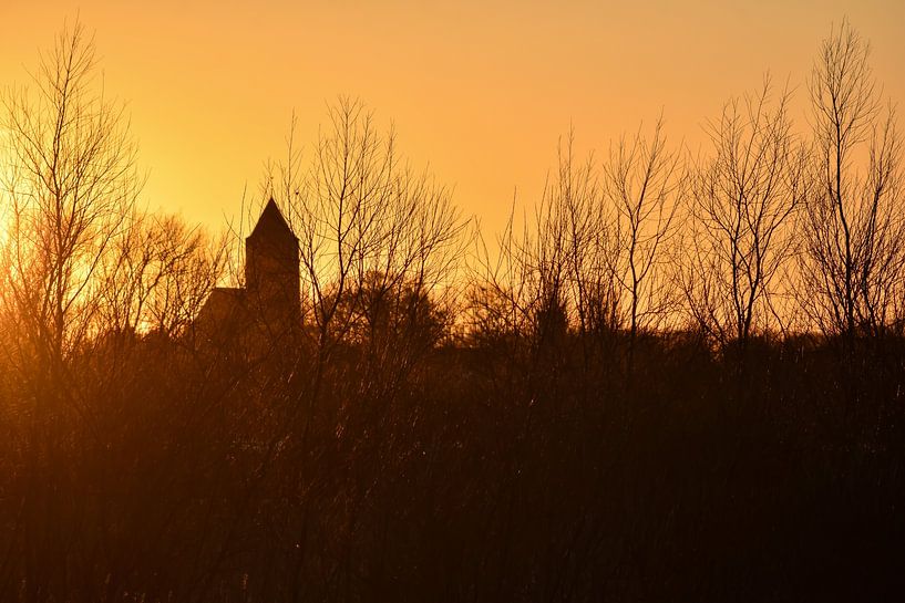 Sunset, church tower Zalk along the IJssel river by Carmen Nijenhuis