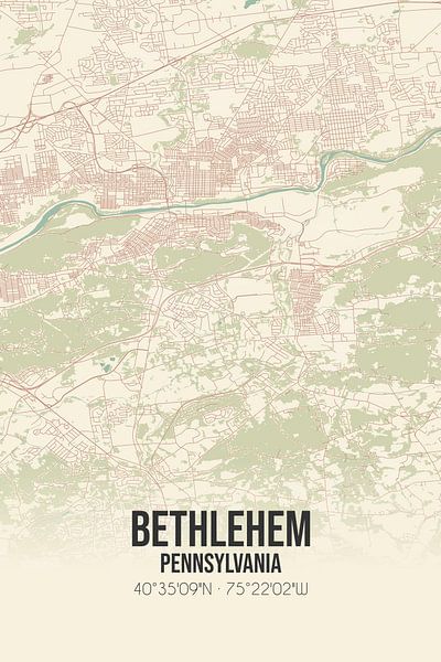 Carte ancienne de Bethlehem (Pennsylvanie), USA. par Affiches de lieux