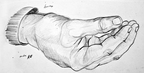 Drawing of a hand in black and white.