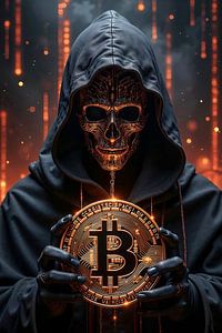 Fantasy Wall Art: CRYPTOR - A hacker holding a bitcoin in his hands