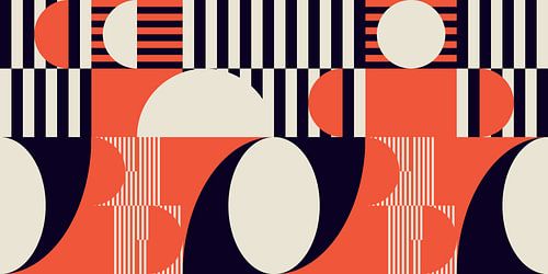 Retro geometrisch kunstwerk met cirkels en strepen in zwart, oranje