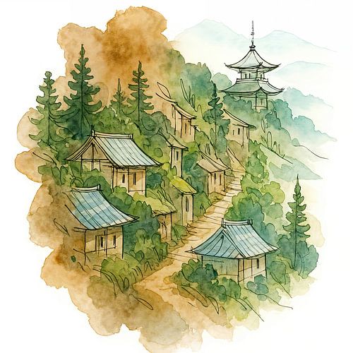 Mountain village in Japan (AI) (temple, pagoda, restful, watercolour, painting, Asia, nature)