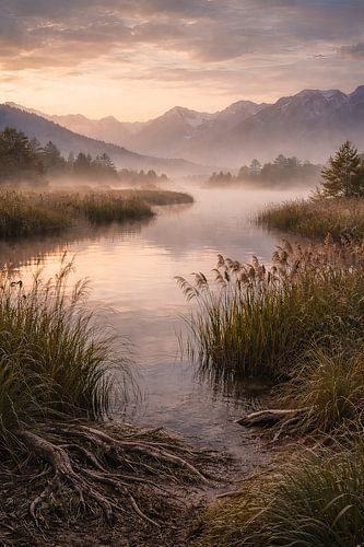 Wildromantisch moslandschap in de ochtendmist