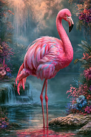 Flamant rose et fleurs tropicales