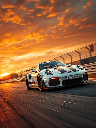 Porsche 911 GT3 RS White and Black Stripes Sunset