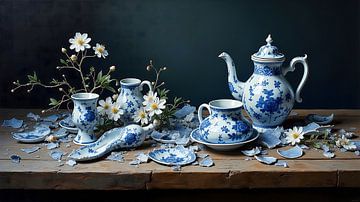 Stillleven Gebroken Delfts Blauw met Anemoon Bloemen van Hai Maivory