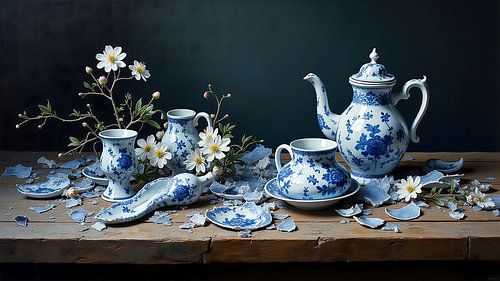 Still Life Broken Delft Blue Ceramics with Anemone Flowers