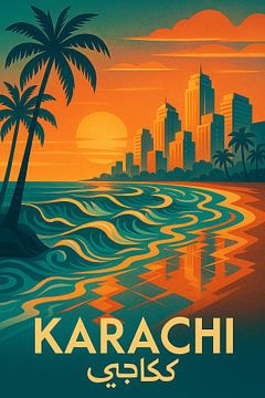 Karachi Clifton Beach Kunstdruck - Sonnenuntergang Skyline & Palm Trees Poster