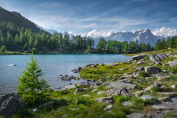 Het meer van Arpy en het Mont Blanc-massief. Valle d'Aosta