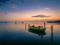 De roeiboot op een mistige ochtend