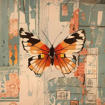 Vlinder in retro kleuren oranje en mintgroen vierkant formaat van Emiel de Lange