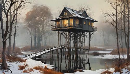 a pile-dwelling house in the moor, winter, balconies