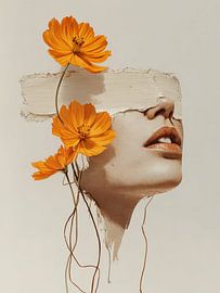 Illustratives Frauenporträt mit orangefarbenen Blumen – Moderne skandinavische Kunst von SPEQ ART