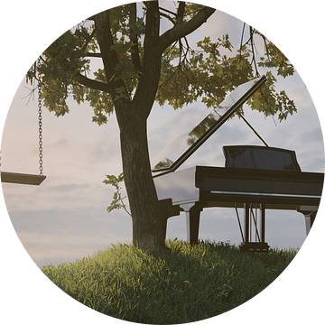 Pianovleugel op groene heuvel naast esdoorn en schommel van Besa Art