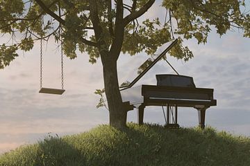 Piano grand piano on green hill next to maple tree and swing by Besa Art