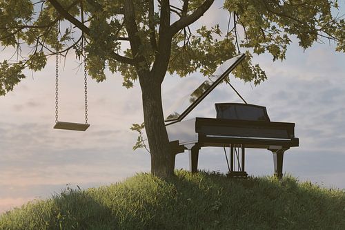 Piano Flügel auf grünem Hügel neben Ahorn Baum und Schaukel