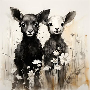 Deux agneaux dans un pré fleuri sur Heike Hultsch