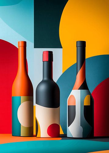Abstracte wijnflessen in levendige kleuren en vormen