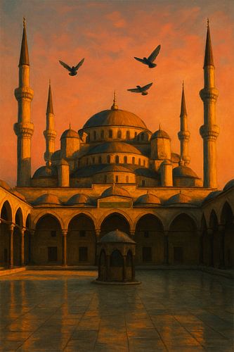 Dämmerung der Istanbuler Moschee: Minarette und Vögel in der Abenddämmerung