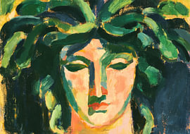 Medusa Darstellung in expressiven Grün- und Pfirsichtönen von Niklas Maximilian