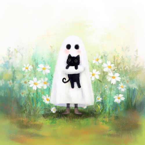 A cute little ghost with a black cat in a spring meadow full of flowers