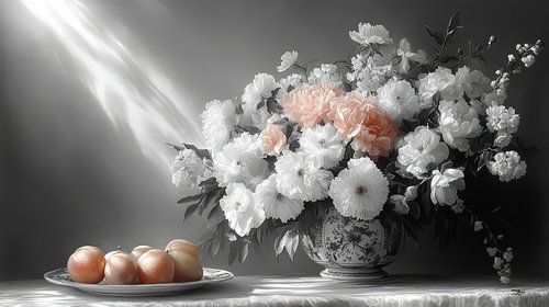 zwart wit stilleven van bloemen en fruit in een extreem dramatisch licht