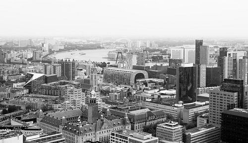 De skyline van Rotterdam met diverse hotspots in zwart/wit