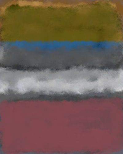 Mosterdgeel, blauw, grijs, wit, rood. Kleurenveldschilderij geïnspireerd door Mark Rothko.